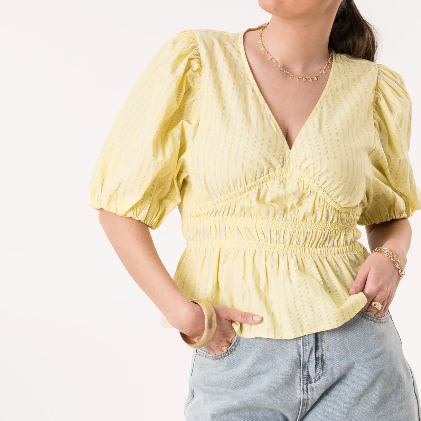 Blouse TEXTO jaune motif rayures taille élastiquée