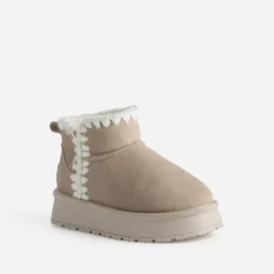 Boots beige cuir velours fourré semelle plateforme