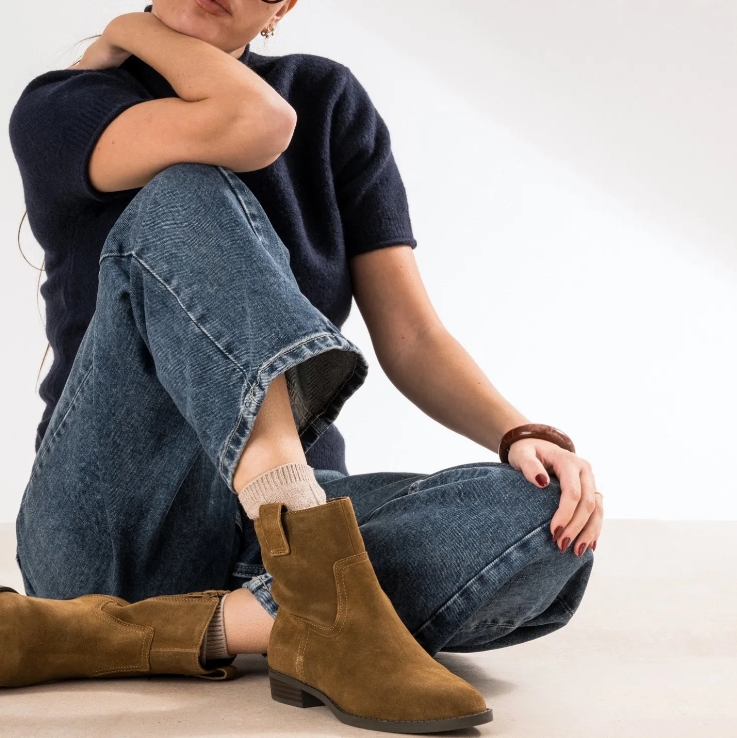 Boots camel cuir velours