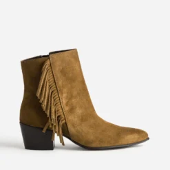 Boots camel cuir velours détail franges