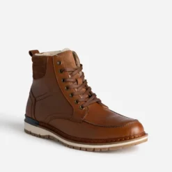 Boots cranté fourré en cuir cognac
