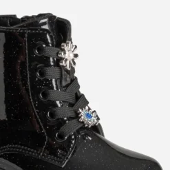 Boots à lacet BUGGY noir pailleté fleurs amovibles