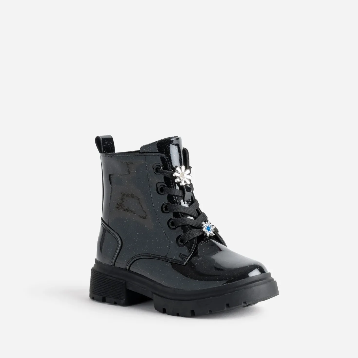 Boots à lacet BUGGY noir pailleté fleurs amovibles