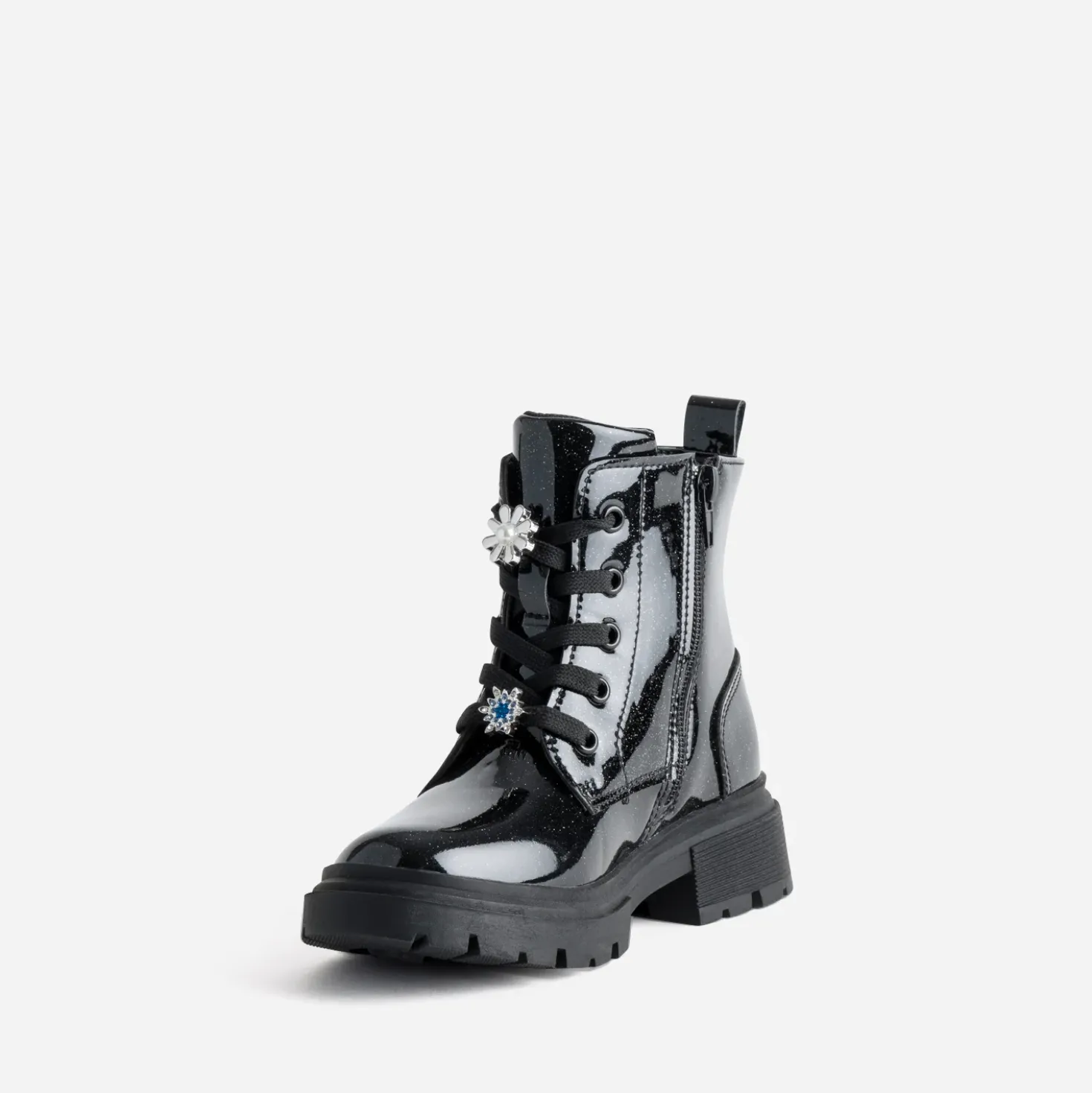 Boots à lacet BUGGY noir pailleté fleurs amovibles