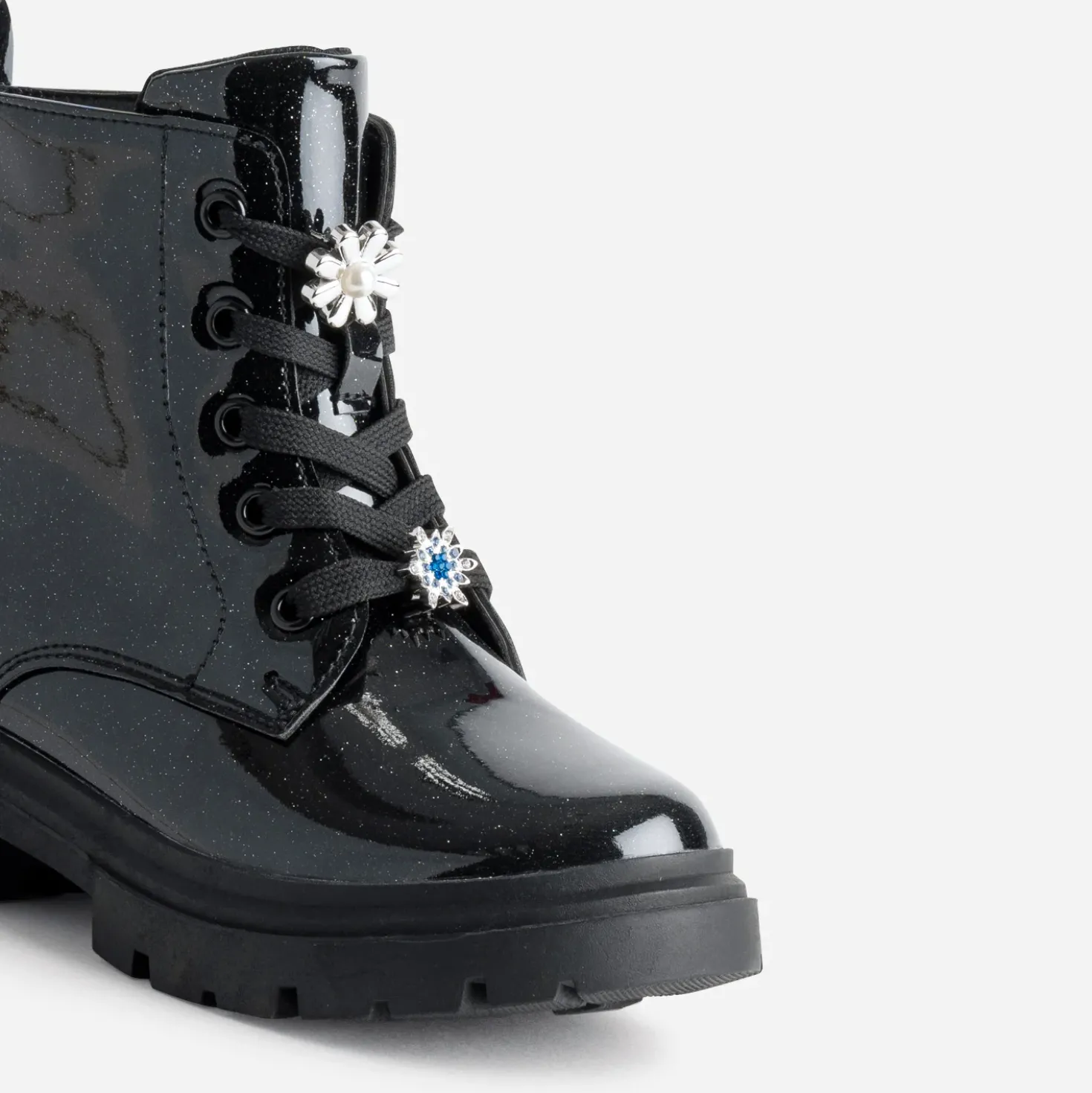 Boots à lacet BUGGY noir pailleté fleurs amovibles