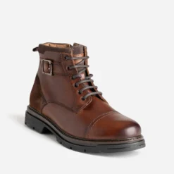 Boots à lacet marron cuir décor bride