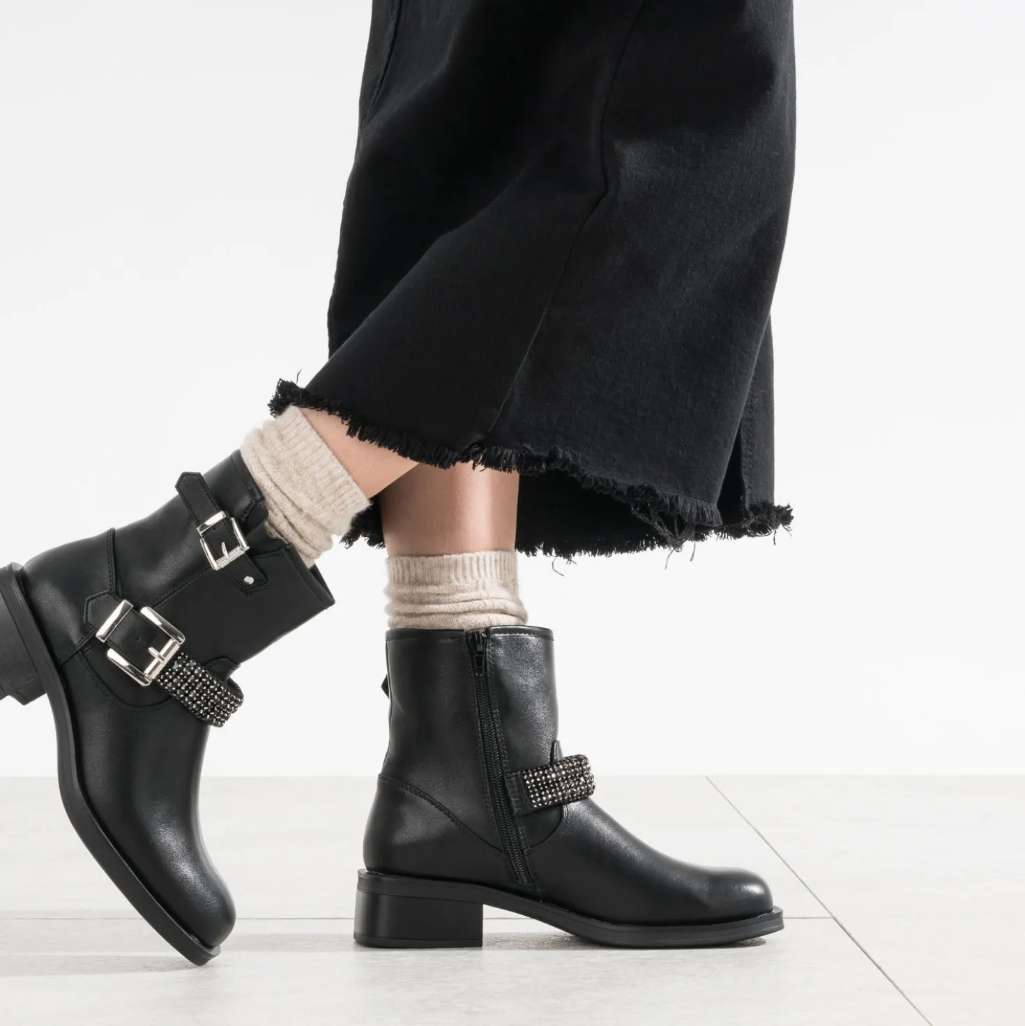 Boots motard TEXTO noir bride décor strass