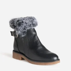 Boots noir cuir bride et tige fourrée