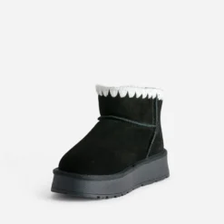 Boots noir cuir velours fourré semelle plateforme