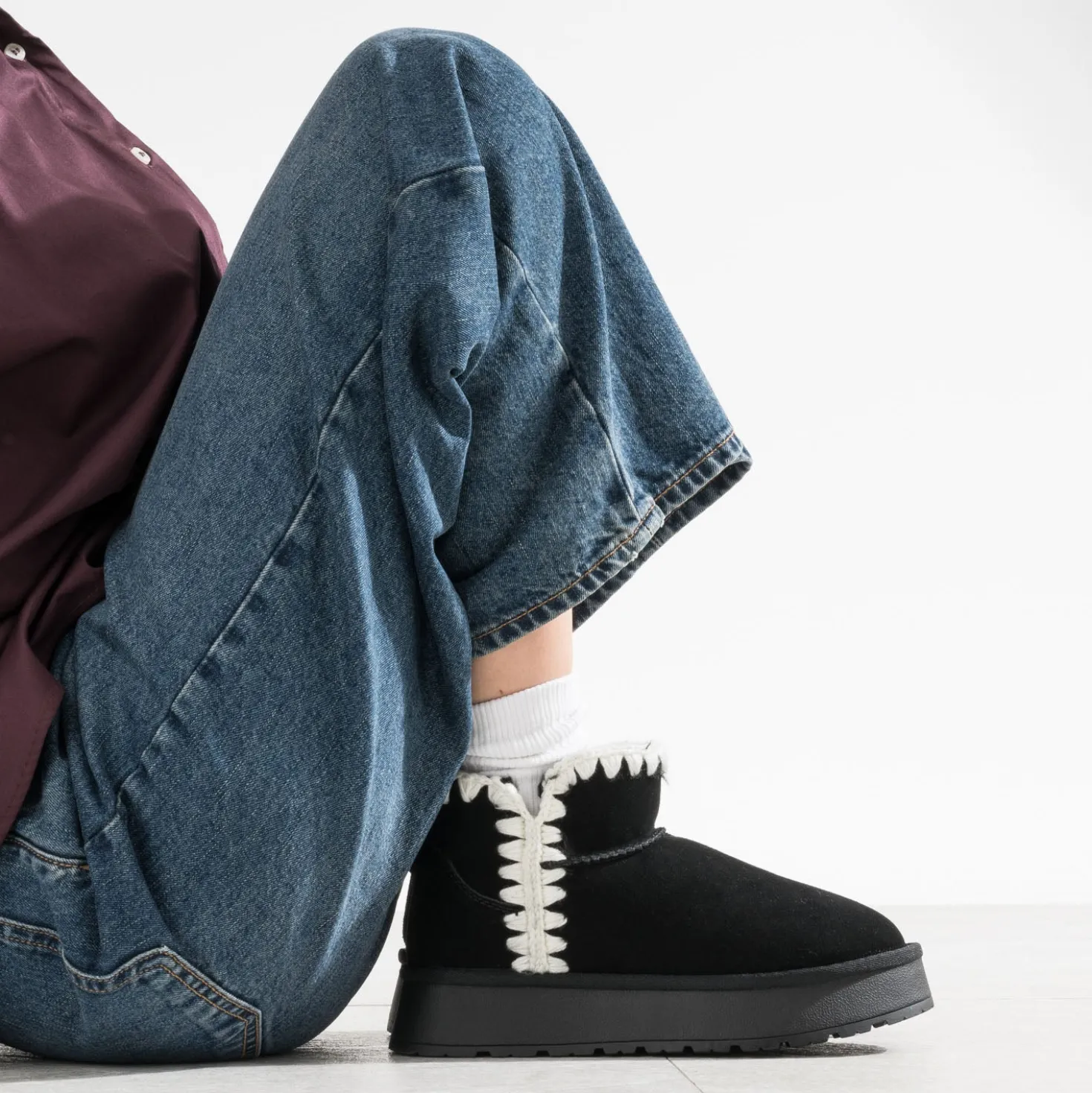 Boots noir cuir velours fourré semelle plateforme