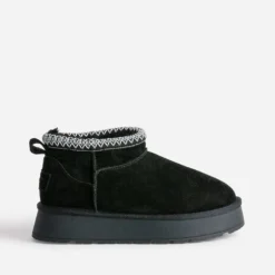 Boots noir cuir velours fourré à plateforme