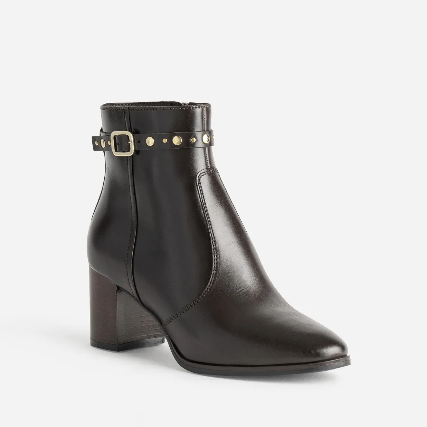 Boots à talon marron cuir bride cloutée
