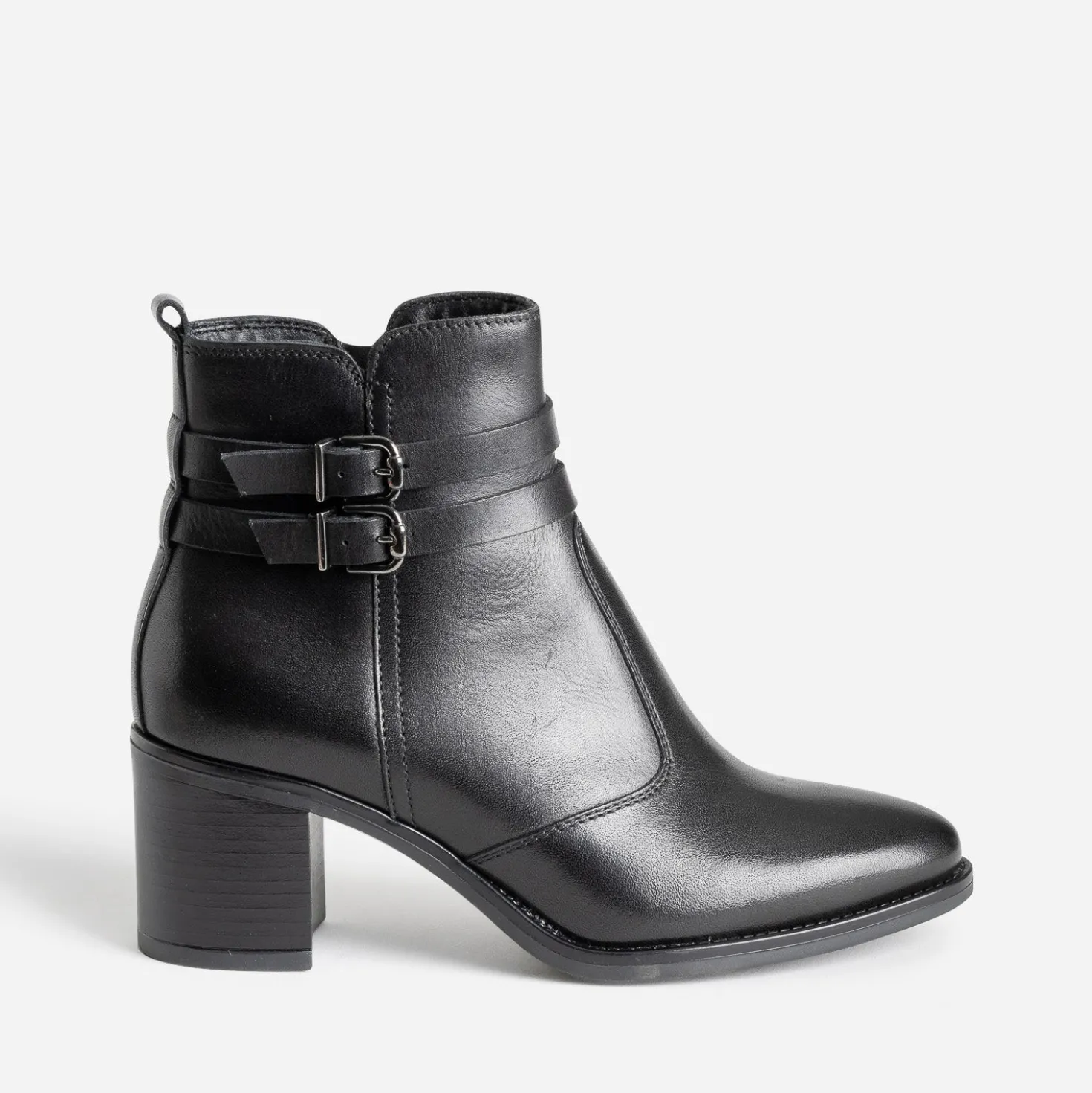 Boots à talon noir en cuir avec double bride