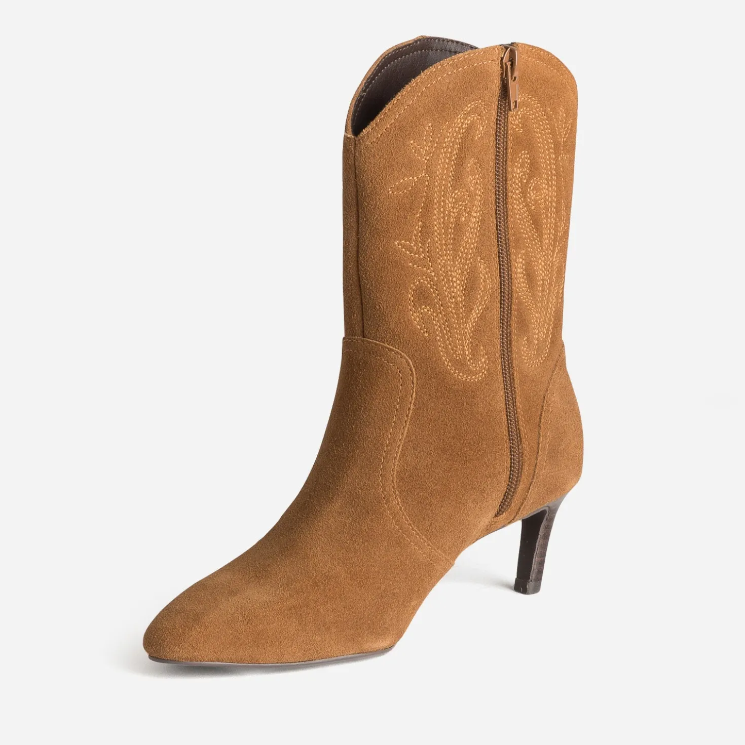 Boots TEXTO camel cuir velours kitten-heel