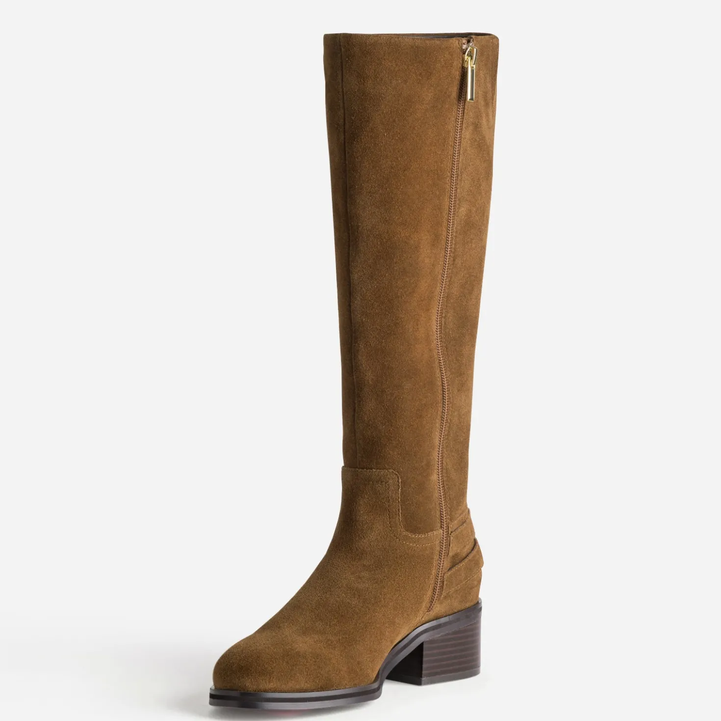 Botte camel cuir velours boucles sur contrefort