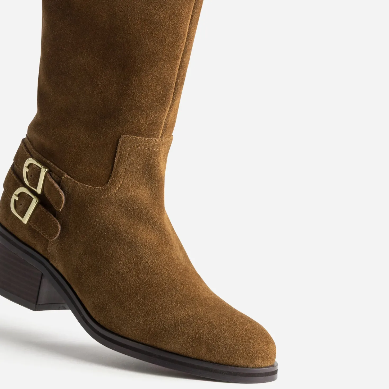 Botte camel cuir velours boucles sur contrefort