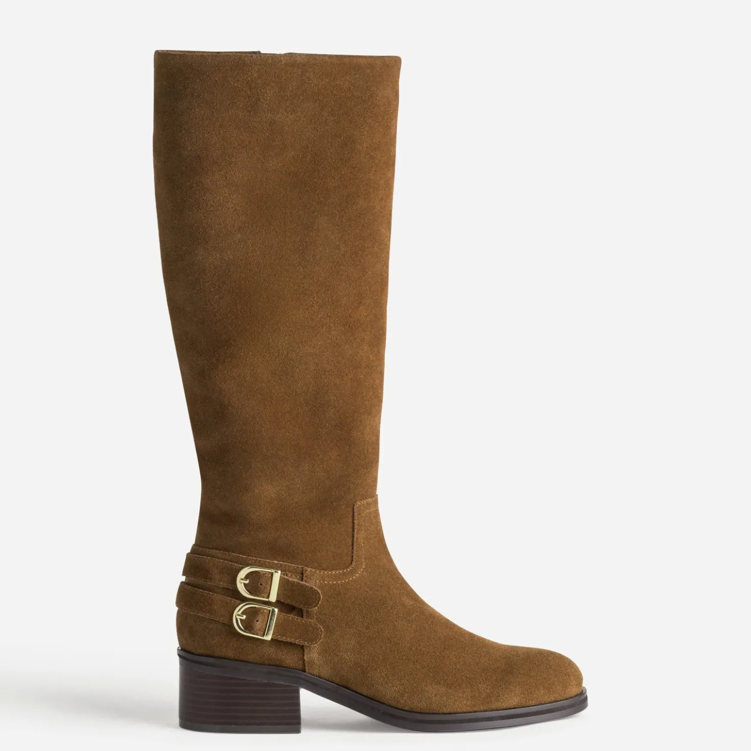Botte camel cuir velours boucles sur contrefort