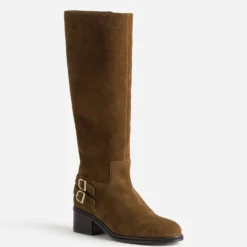 Botte camel cuir velours boucles sur contrefort