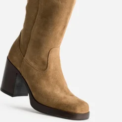 Botte camel cuir velours esprit rétro