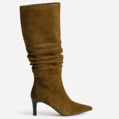 Botte camel cuir velours tige froncée