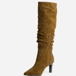 Botte camel cuir velours tige froncée