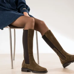 Botte marron cuir velours tige élastiquée