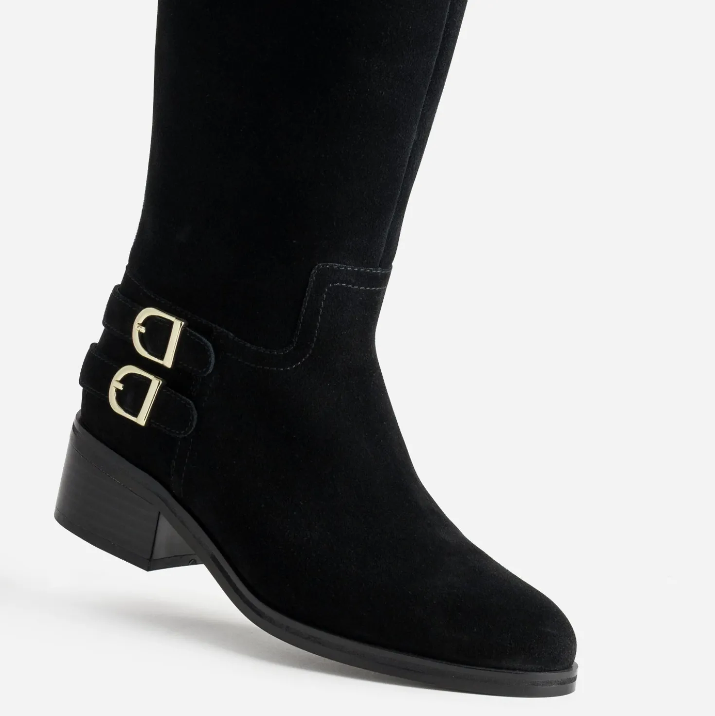 Botte noire cuir velours boucles sur contrefort