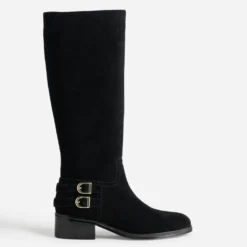 Botte noire cuir velours boucles sur contrefort