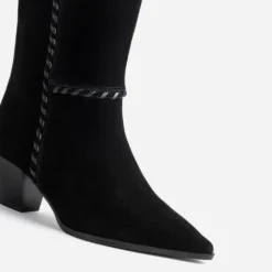 Botte noire cuir velours détail tressage