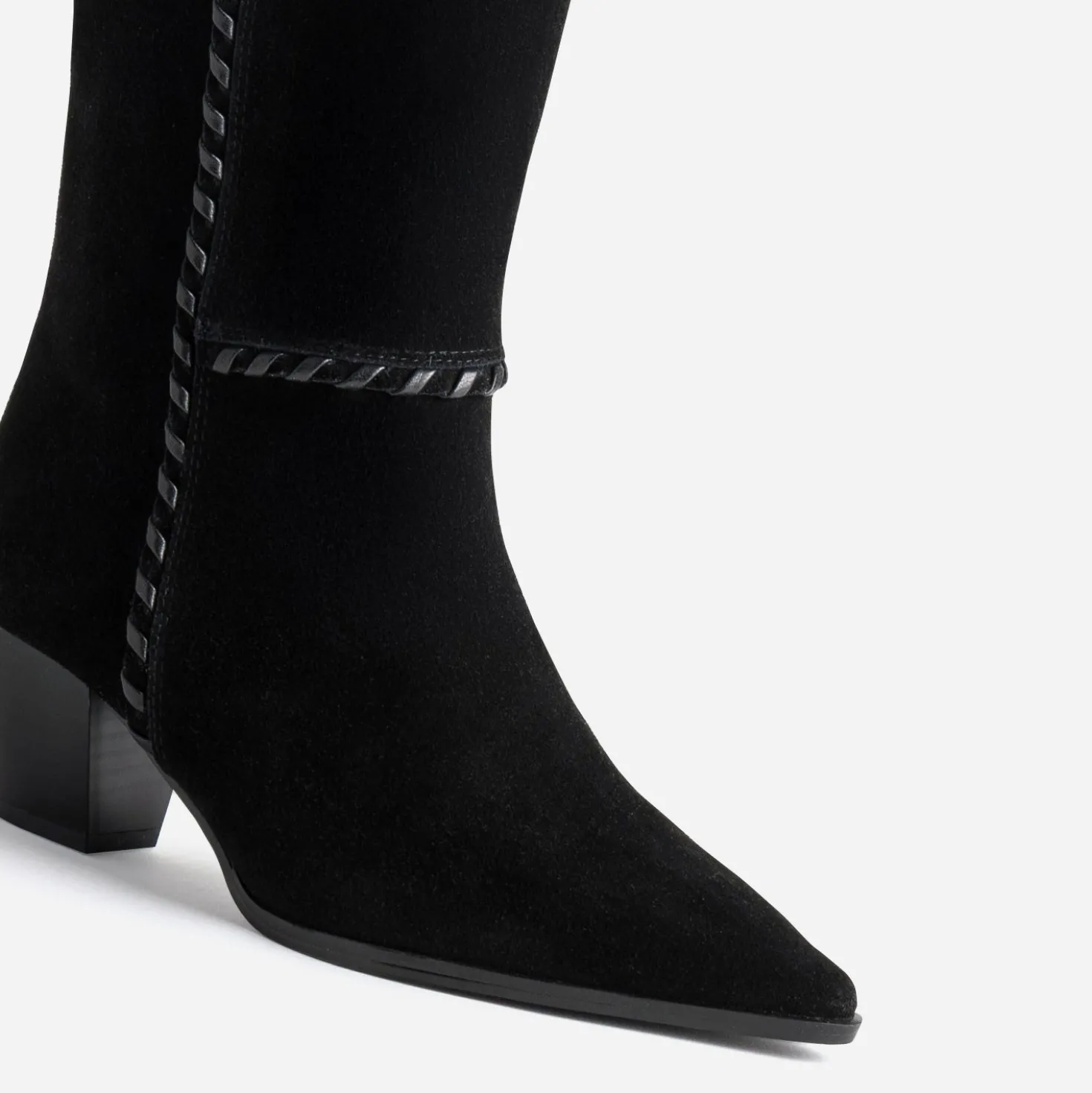 Botte noire cuir velours détail tressage
