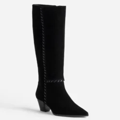 Botte noire cuir velours détail tressage