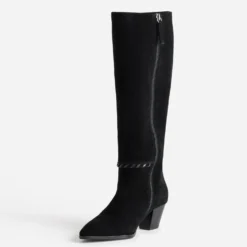 Botte noire cuir velours détail tressage