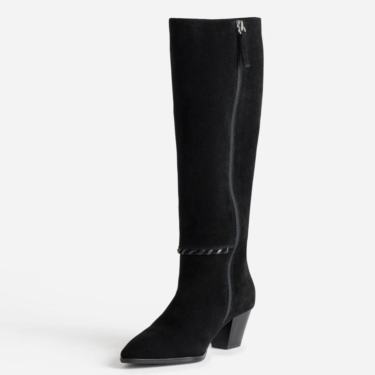 Botte noire cuir velours détail tressage