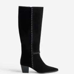 Botte noire cuir velours détail tressage
