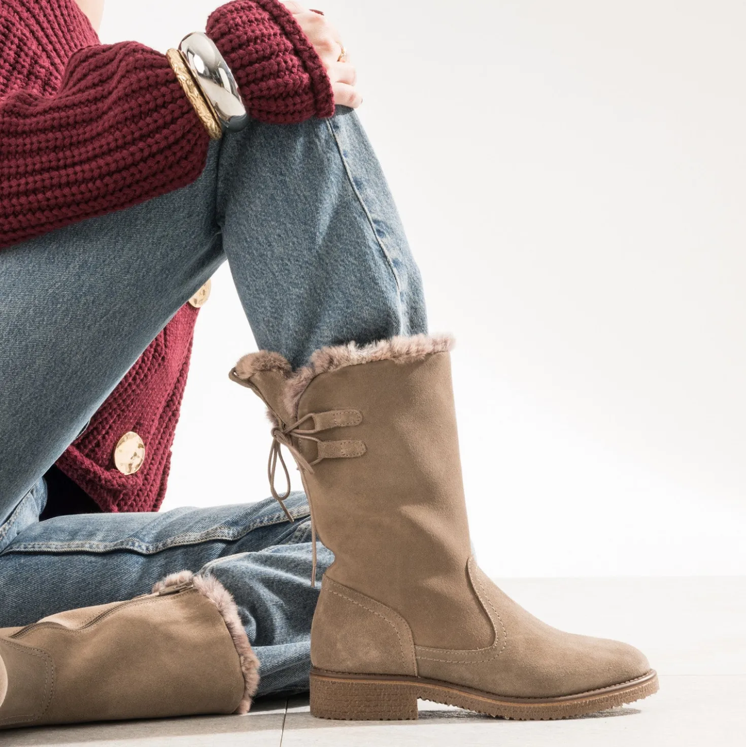 Botte taupe cuir velours fourré