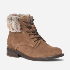 Bottine camel fourrée en cuir velours