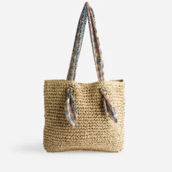 Cabas beige foncé paille papier anses-foulard