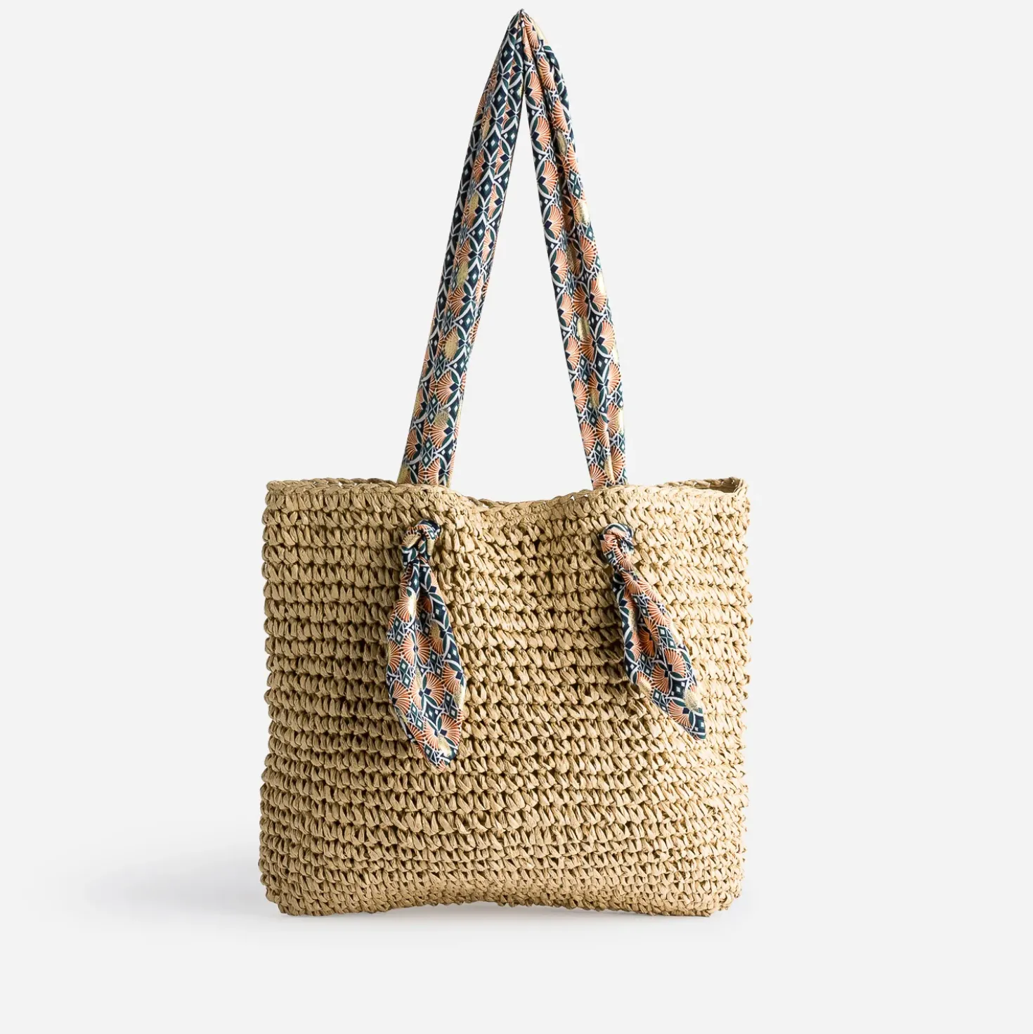 Cabas beige foncé paille papier anses-foulard