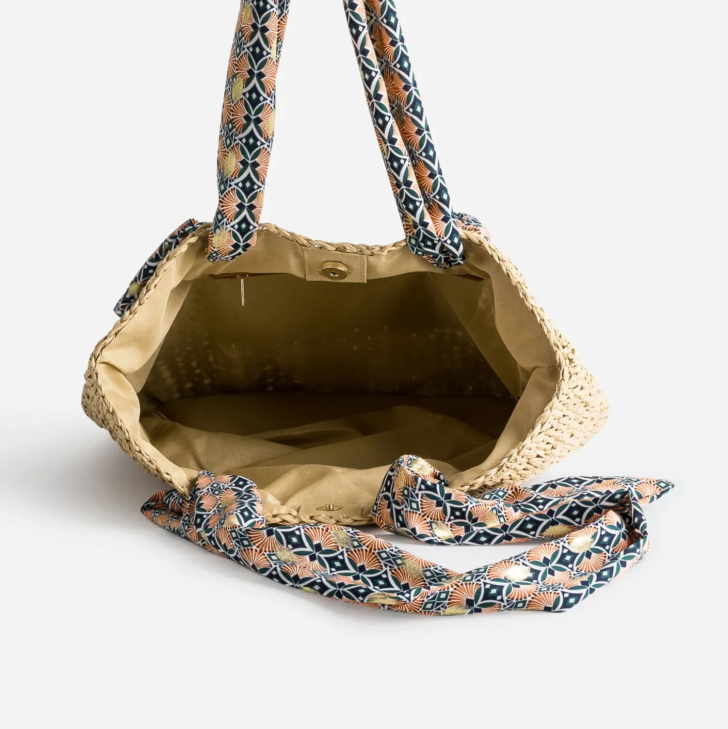 Cabas beige foncé paille papier anses-foulard