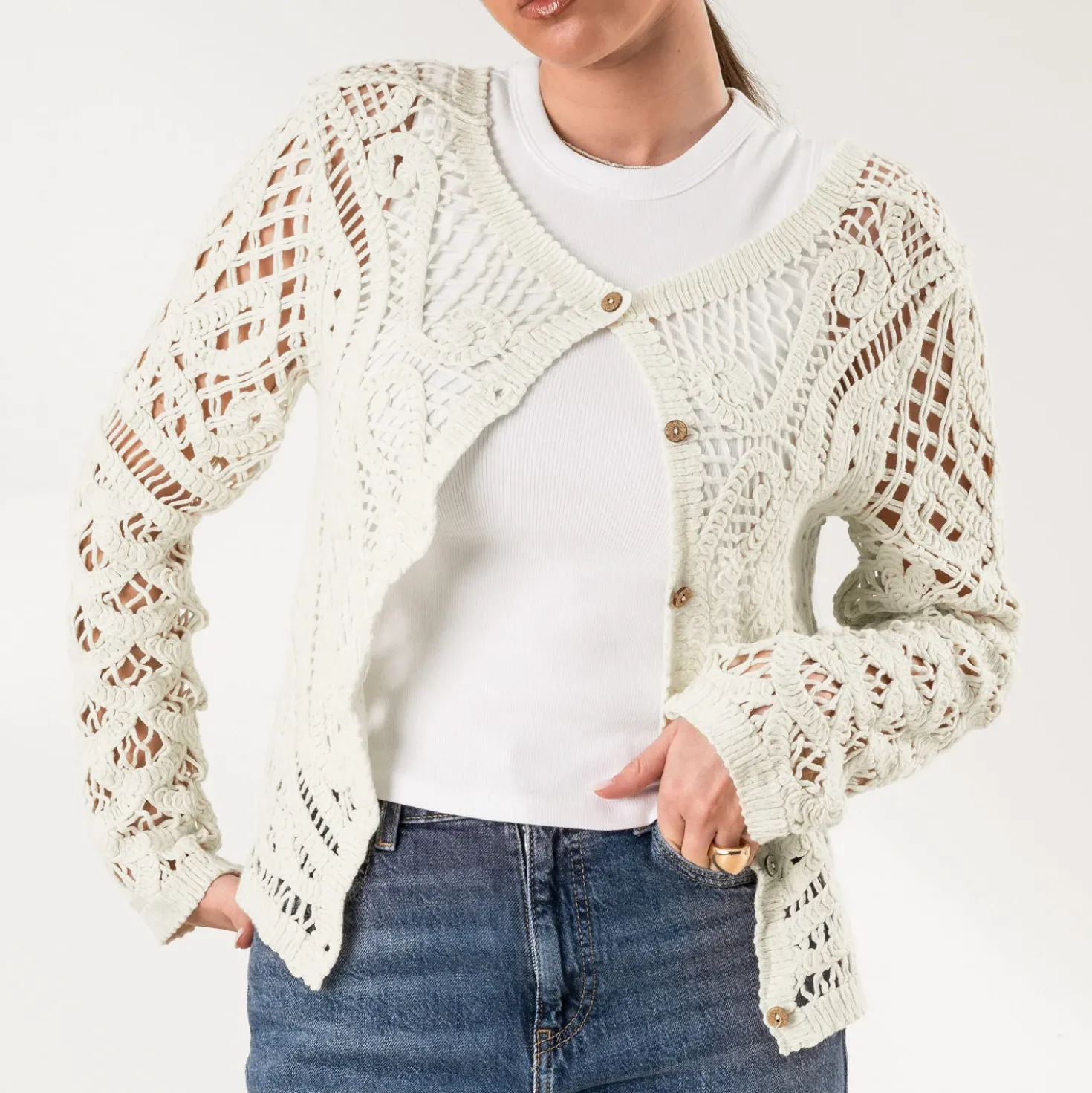 Cardigan beige effet crochet