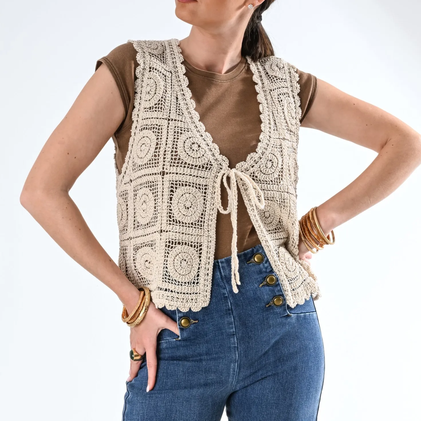 Cardigan sans manches TEXTO beige crochet