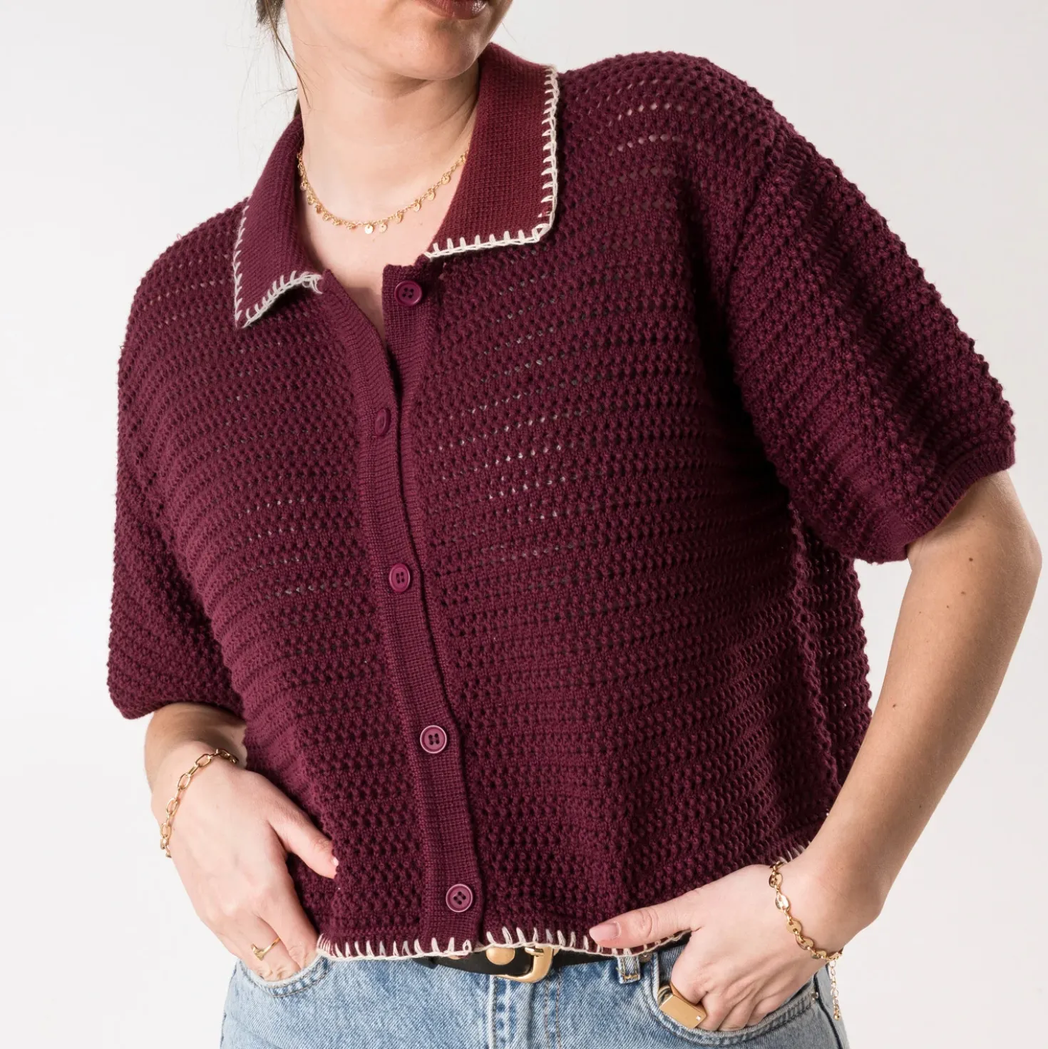 Cardigan TEXTO bordeaux tricot fantaisie
