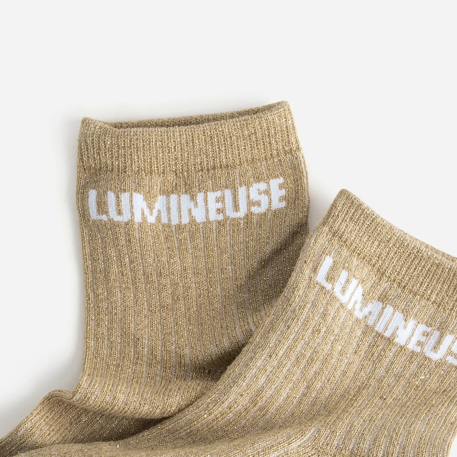 Chaussettes beiges pailletées à message