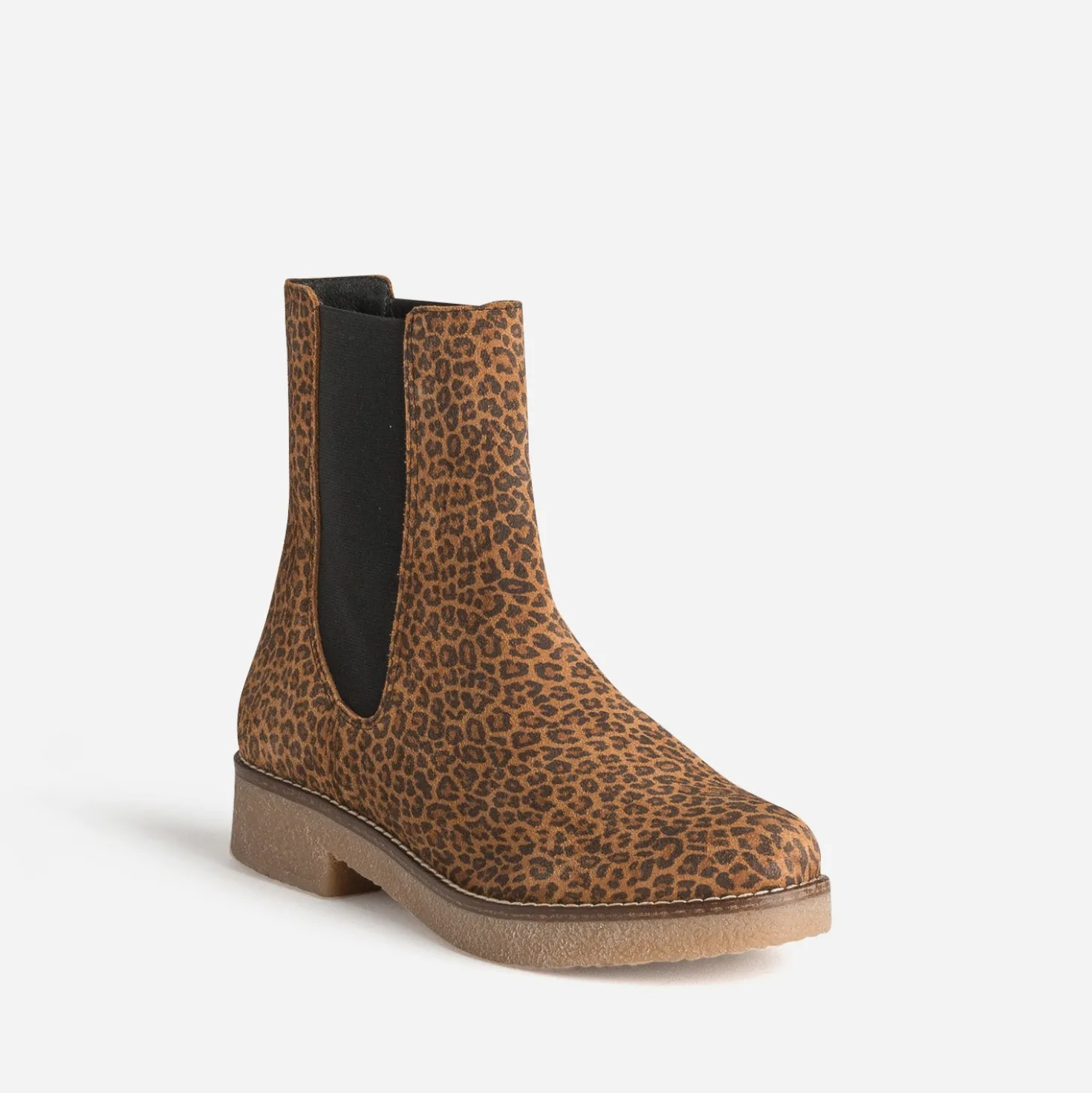 Chelsea boots camel cuir velours motif léopard