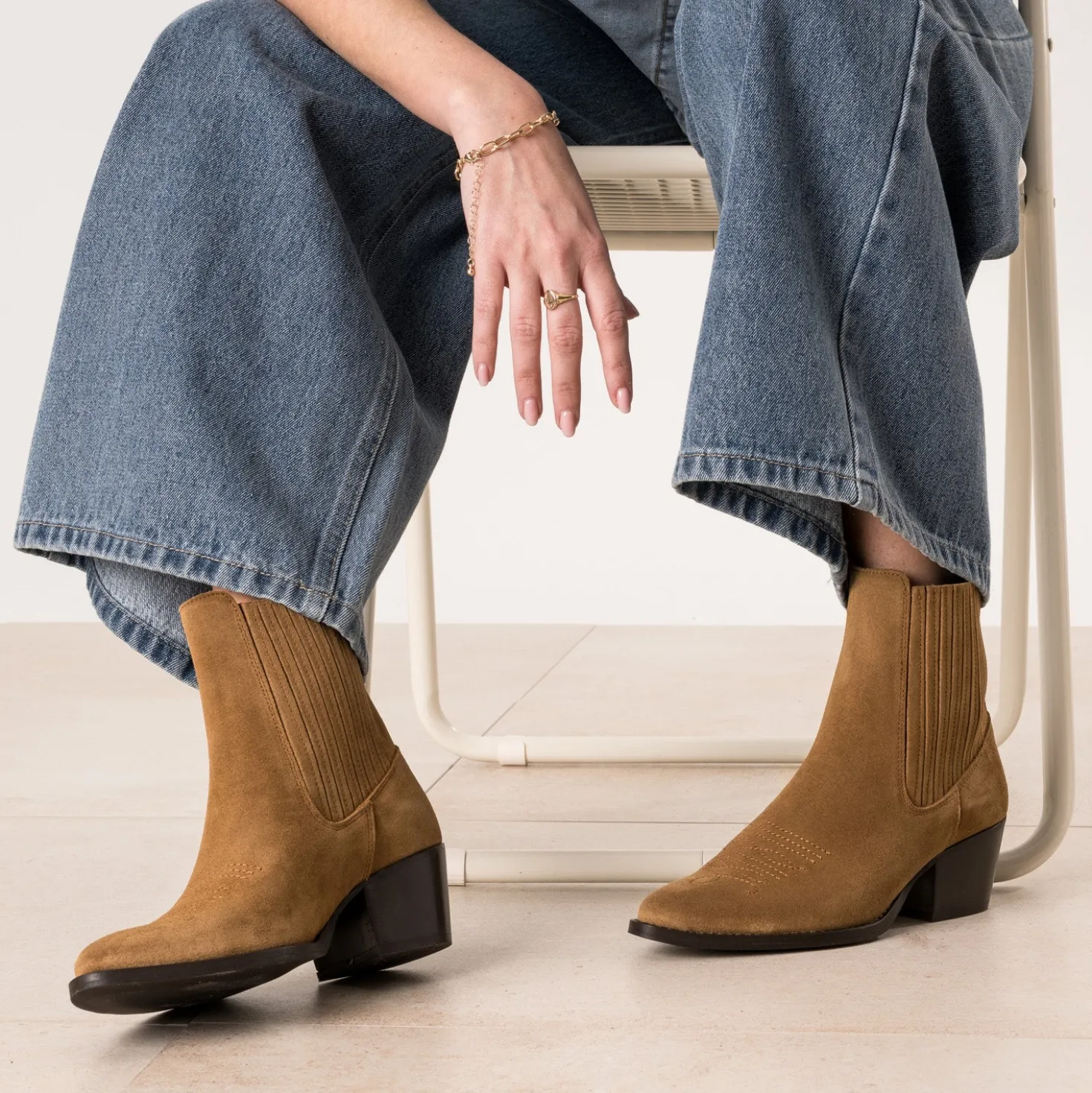 Chelsea boots santiags camel cuir velours