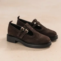 Derby babies marron cuir velours détails perforations