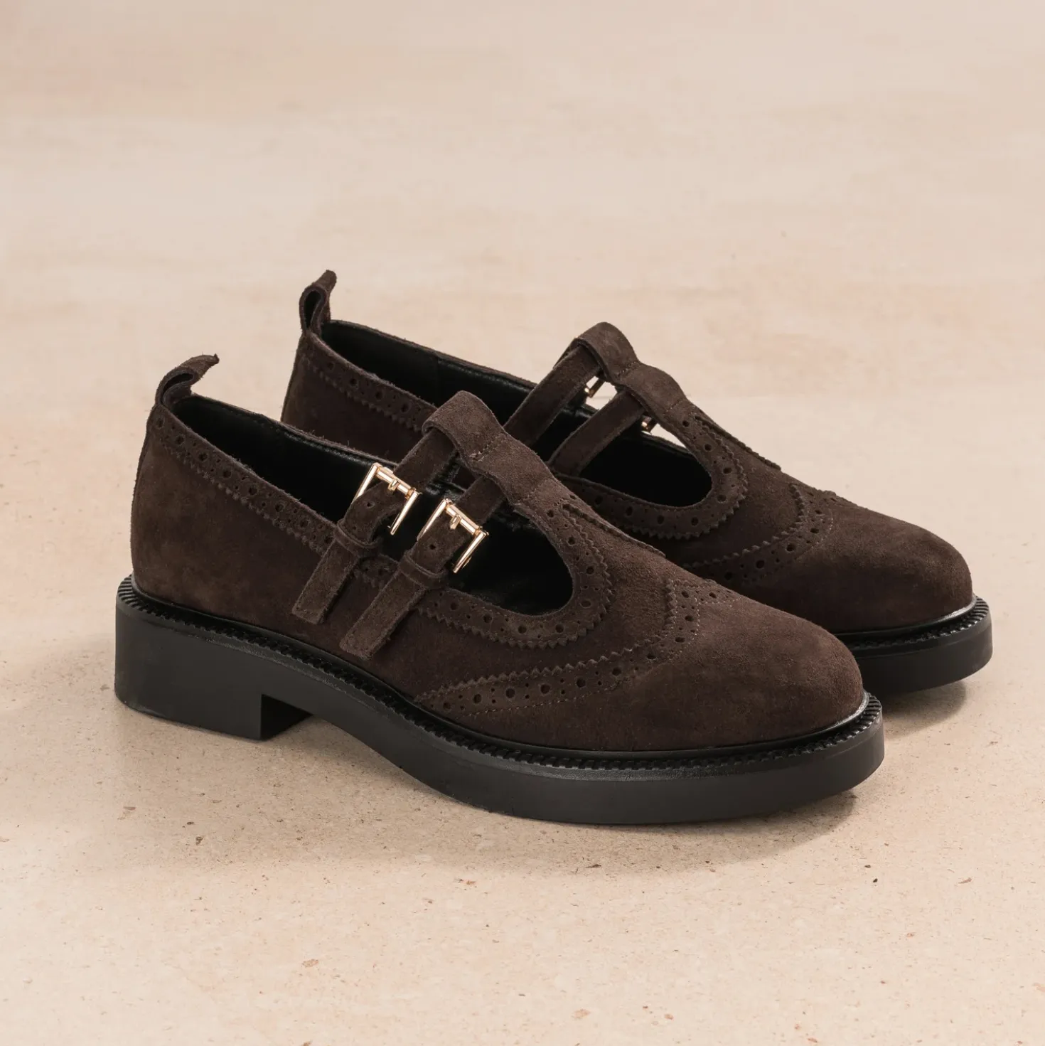 Derby babies marron cuir velours détails perforations