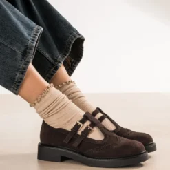 Derby babies marron cuir velours détails perforations
