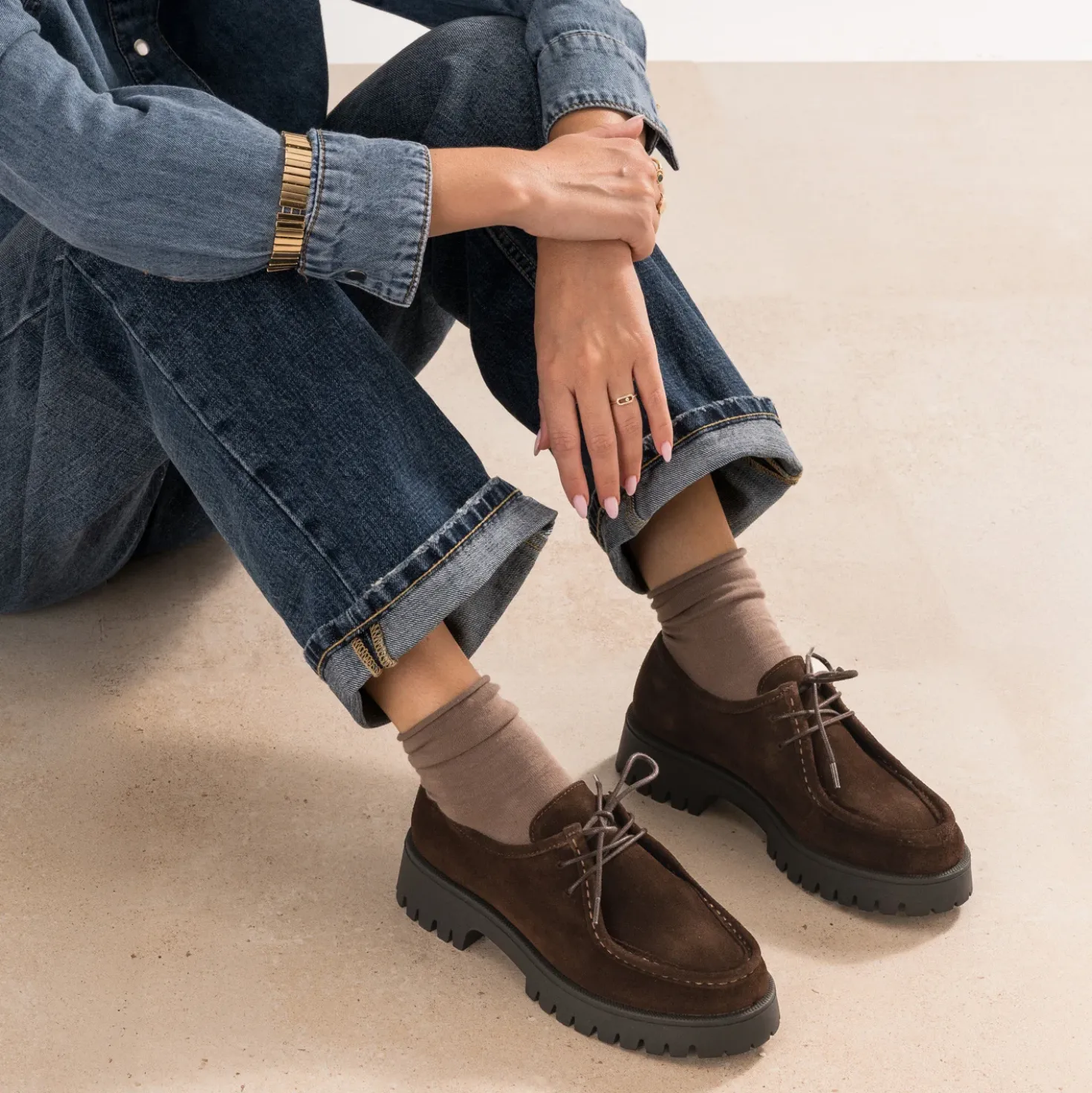 Derby plateau marron cuir velours