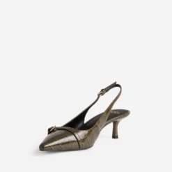Escarpin slingback kaki verni embossage effet croco
